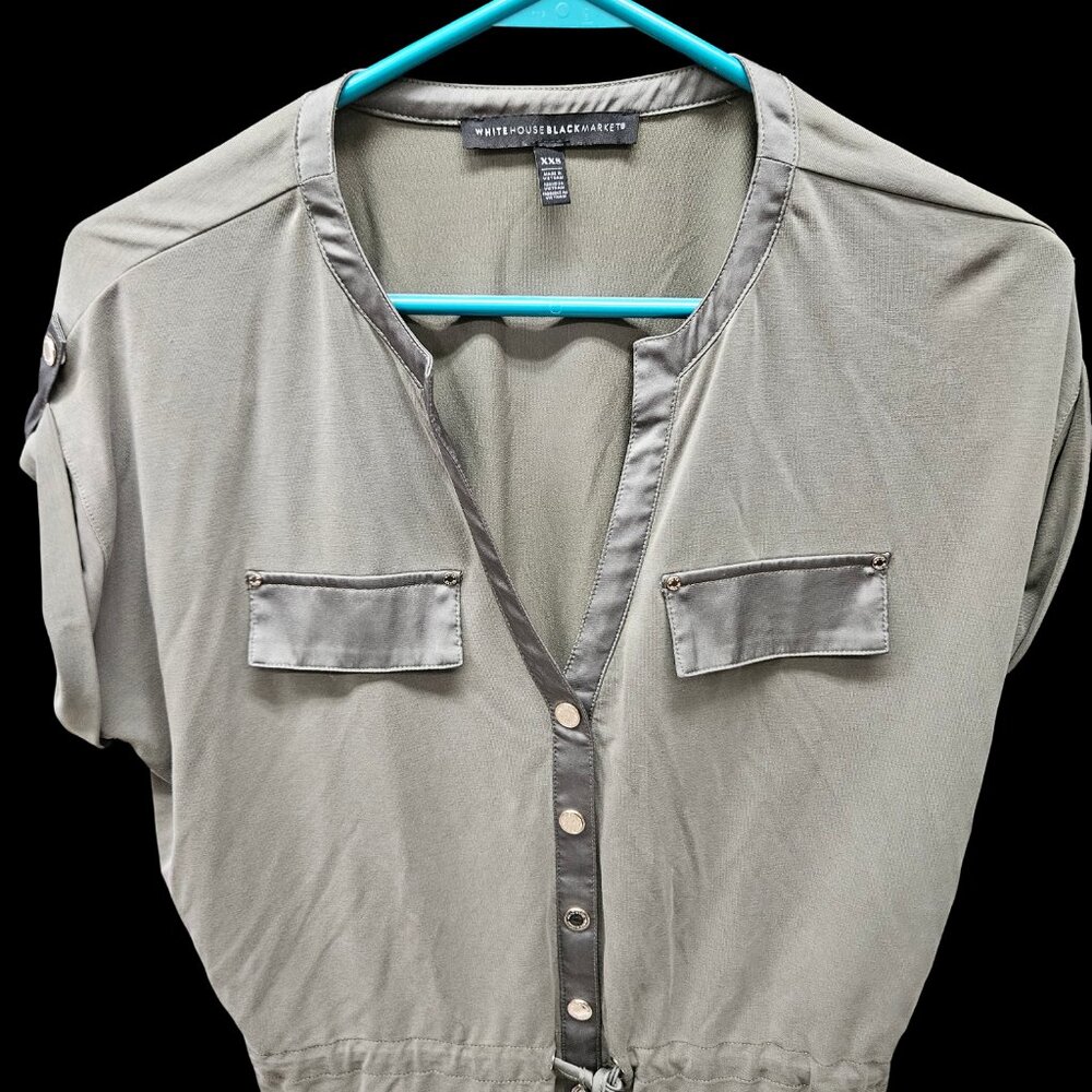 White House Black Market Olive Green Utility Blouse XXS Button Front Drawstring